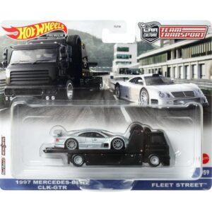 Hot Wheels Team Transport Toy Truck & Race Car, Mercedes-Benz CLK GTR & Fleet Street Collectible Set (USA Card)